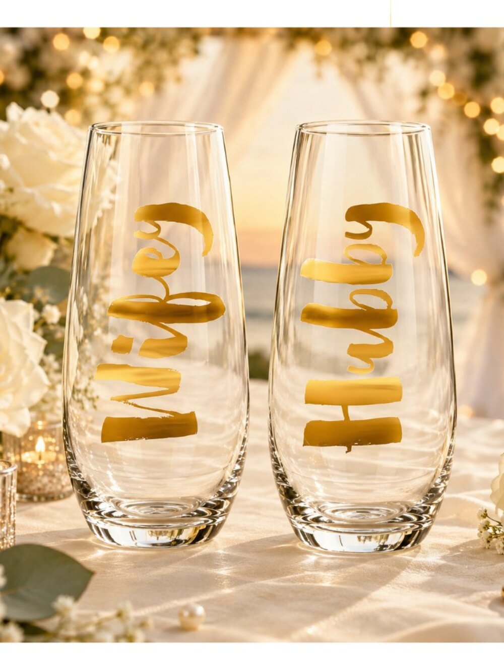 Wifey & Hubby Set of Two - Wedding Gilded Stemless Champagne Glasses
